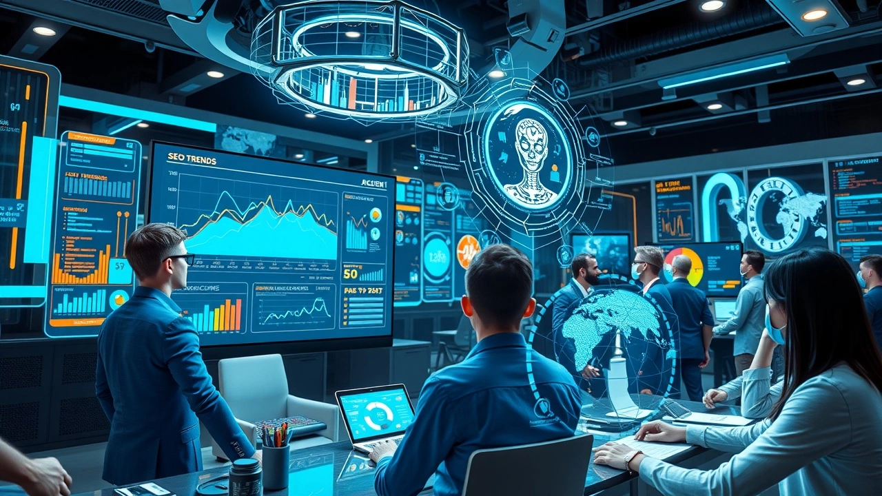 Une image illustrant un bureau futuriste avec des technologies avancées montrant les tendances SEO en temps réel grâce à l'IA.