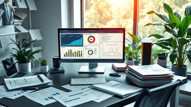 Une scène de bureau moderne illustrant l'utilisation de l'IA pour le planning éditorial et le SEO.