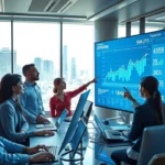 Une scène de bureau moderne avec des professionnels analysant des données SEO en temps réel.