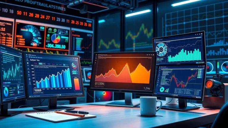 Un bureau moderne avec des outils d'IA pour le SEO, des écrans d'analyse et un environnement innovant.