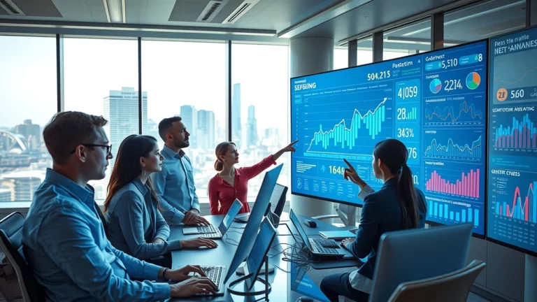 Une scène de bureau moderne avec des professionnels analysant des données SEO en temps réel.