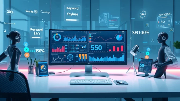 Un bureau moderne avec des graphiques de tendances SEO et des éléments d'intelligence artificielle.