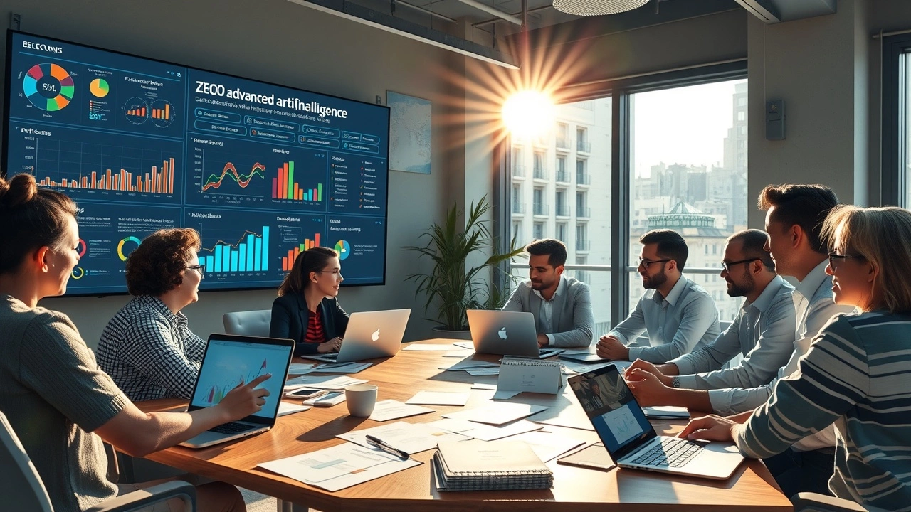 Un bureau moderne où des professionnels collaborent sur des stratégies SEO avec des outils d'intelligence artificielle.