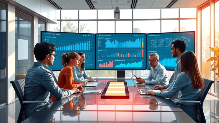 Illustration d'un bureau moderne avec des professionnels prenant des décisions basées sur des données.