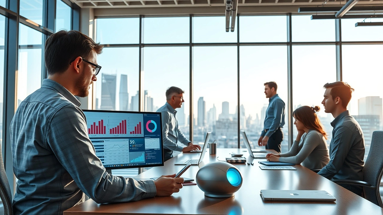 Image d'un bureau moderne montrant une equipe analysant des donnees sur les comportements des utilisateurs avec l'IA.