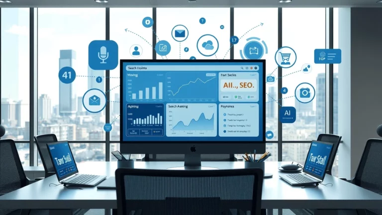 Un bureau moderne avec des outils d'IA pour le référencement naturel.