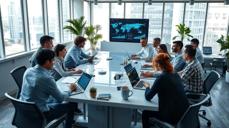 Une scène de bureau moderne avec des professionnels discutant des stratégies SEO IA.