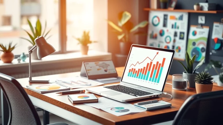 Bureau moderne avec outils de strategie SEO et graphiques de croissance