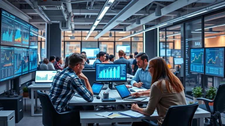 Un bureau moderne avec des professionnels travaillant sur l'intégration d'algorithmes d'IA pour le SEO.