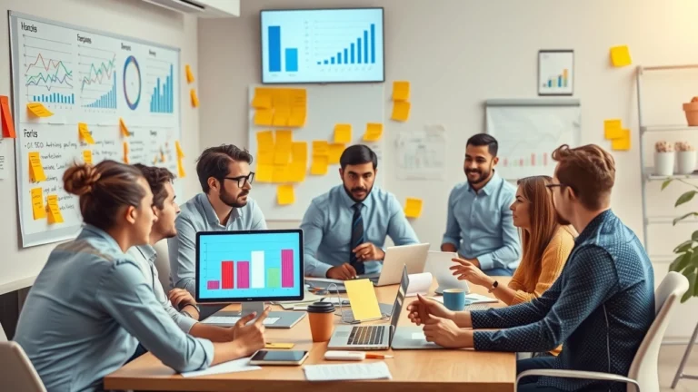 Un bureau moderne avec des professionnels discutant de stratégies SEO et d'intelligence artificielle.