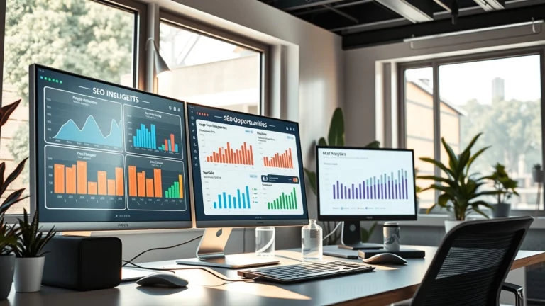 Bureau moderne avec outils d'intelligence artificielle pour l'analyse SEO