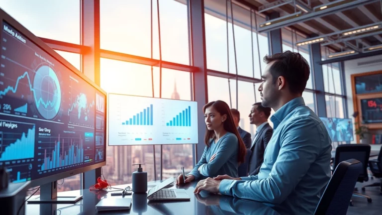 Bureau moderne avec des analystes discutant de l'IA en SEO