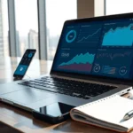 Bureau moderne avec ordinateur affichant des analyses SEO et une vue sur la ville