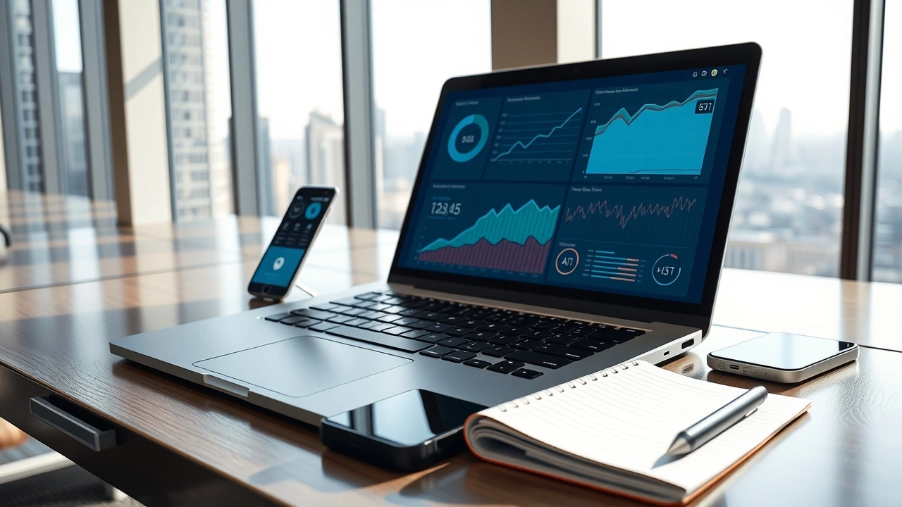 Bureau moderne avec ordinateur affichant des analyses SEO et une vue sur la ville