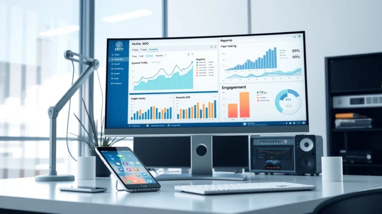 Bureau moderne avec technologie avancée pour le suivi SEO en temps réel.