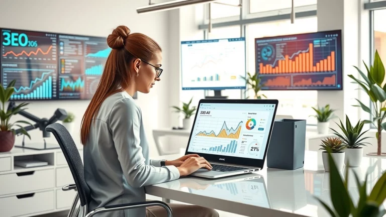 Une représentation photoréaliste d'un bureau moderne utilisant l'IA pour optimiser les stratégies SEO.