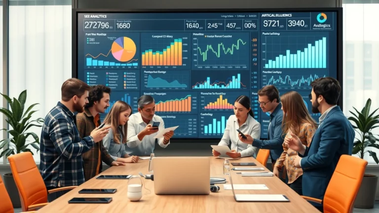 Une scène de bureau moderne où des professionnels analysent des données SEO avec des outils d'intelligence artificielle.