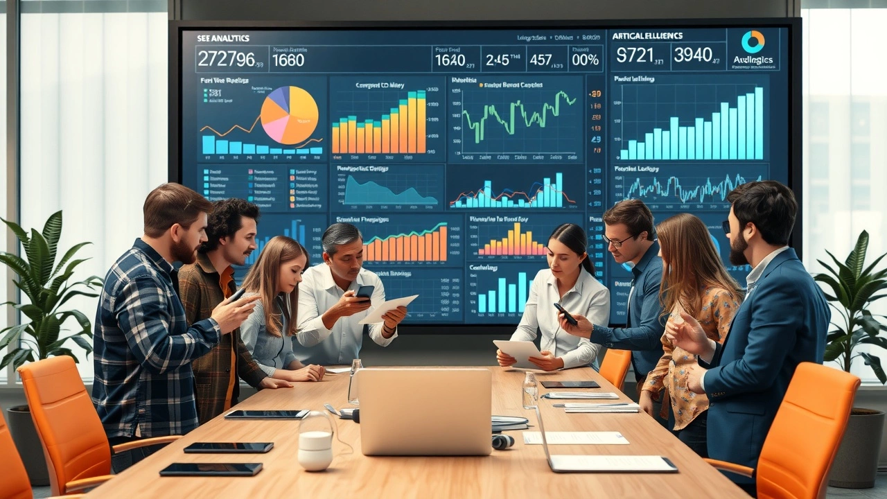 Une scène de bureau moderne où des professionnels analysent des données SEO avec des outils d'intelligence artificielle.