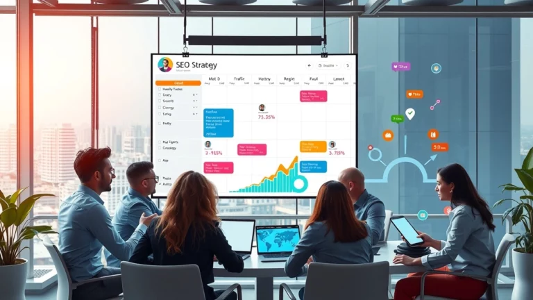 Scene d'un bureau moderne où des professionnels discutent de stratégies d'optimisation SEO pour un agenda en ligne.