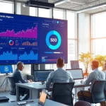 Un bureau moderne avec l'intelligence artificielle surveillant les tendances SEO en temps réel.