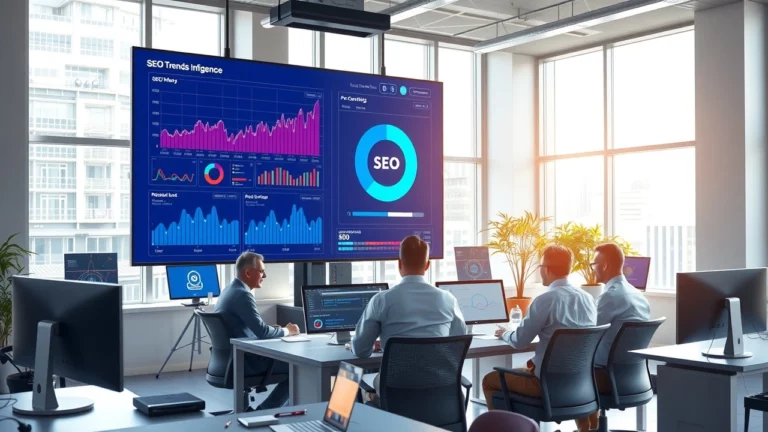 Un bureau moderne avec l'intelligence artificielle surveillant les tendances SEO en temps réel.