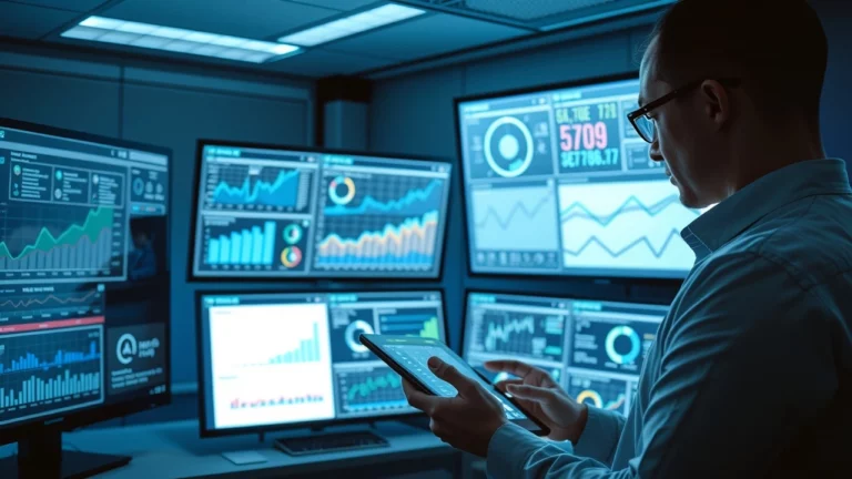 Un bureau moderne avec un homme utilisant des technologies d'IA pour optimiser les performances SEO en temps réel.
