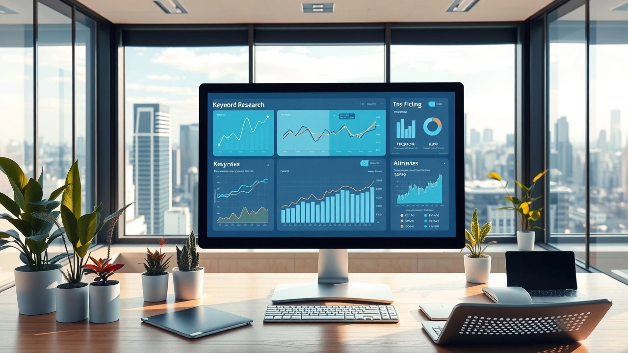 Bureau moderne avec outils SEO et recherche de mots-clés