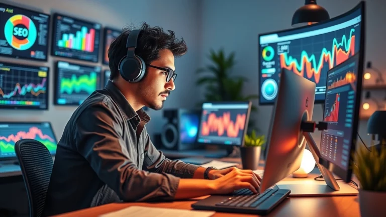 Une personne utilisant la technologie IA pour optimiser le contenu SEO dans un bureau moderne.