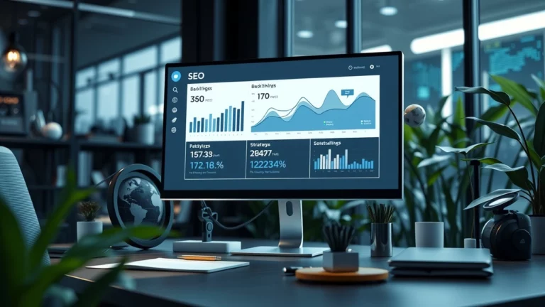 Bureau moderne illustrant une stratégie de backlinking avec l'IA.