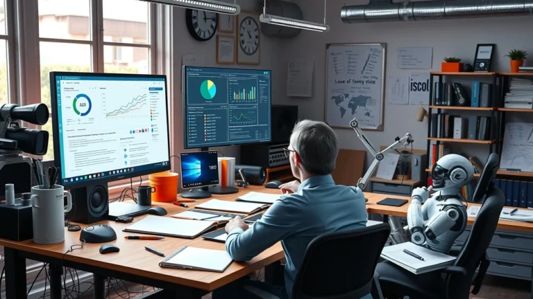 Scène moderne illustrant la création de contenu SEO avec l'IA.