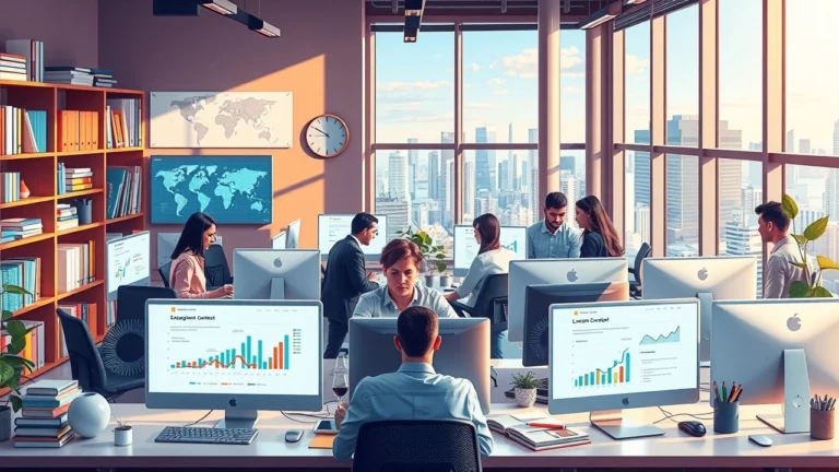 Une illustration montrant des professionnels collaborant sur la création de contenu optimisé SEO avec l'aide de l'IA.