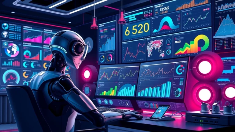 Une illustration photoréaliste d'un espace de travail numérique futuriste où une IA analyse des tendances SEO.