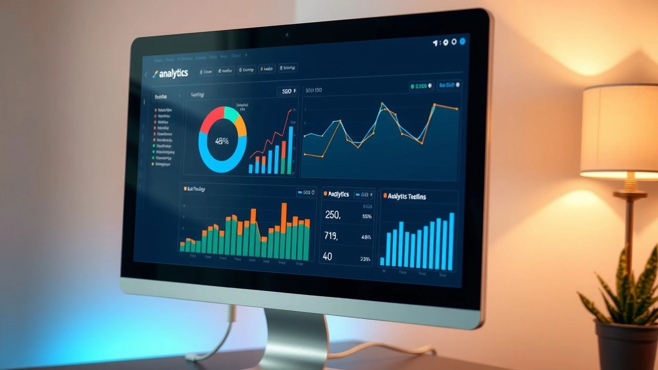 écran d'ordinateur avec analyses SEO et graphes IA