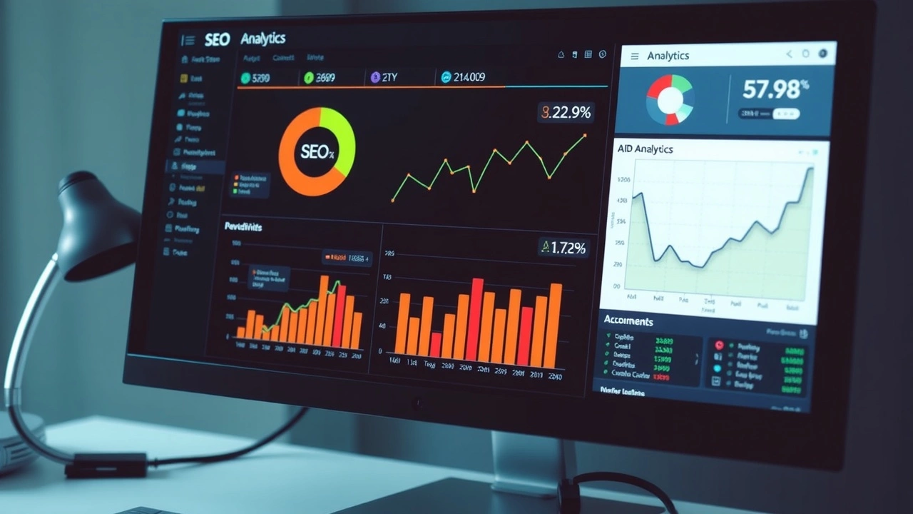 écran d'ordinateur avec des analyses SEO et graphiques