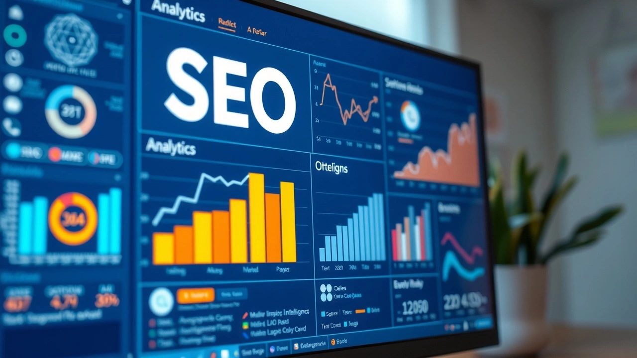 écran d'ordinateur avec analyses SEO et intelligence artificielle