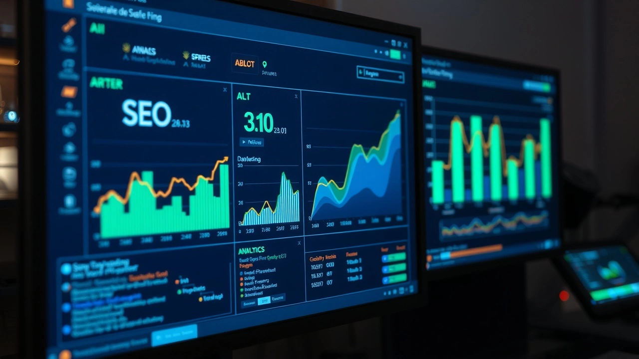 écran d'ordinateur avec des graphiques SEO et interface IA