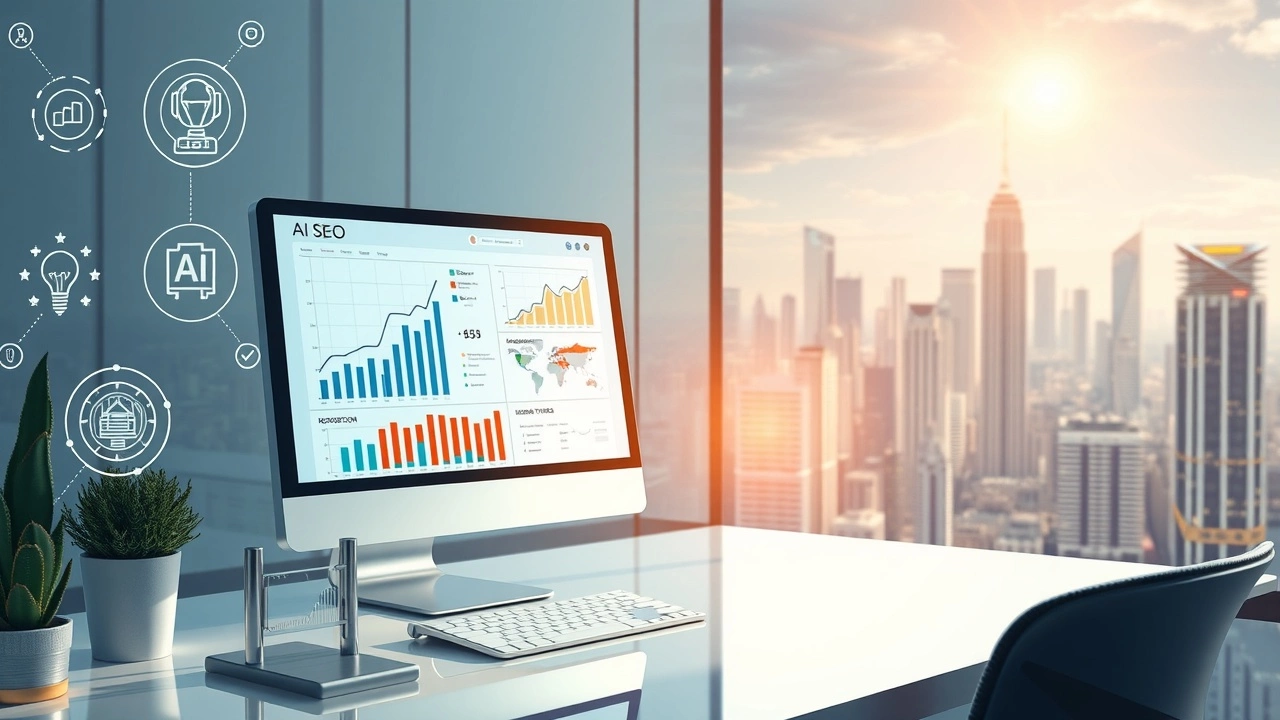 Illustration des elements essentiels du SEO IA dans un environnement marketing moderne.