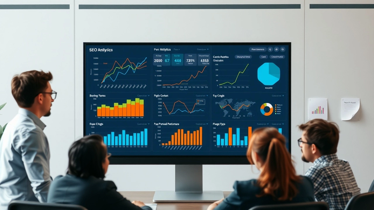 équipe analysant des graphiques SEO sur un écran