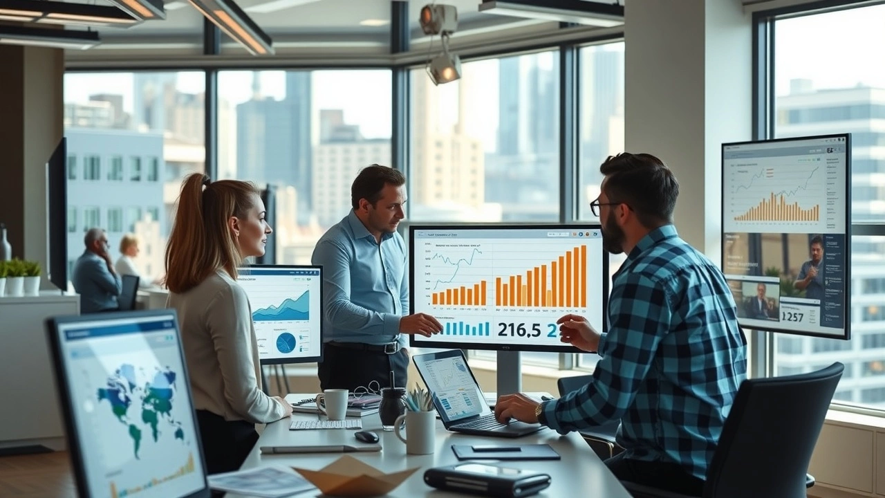 Image montrant une équipe de marketing numérique analysant des données pour améliorer le SEO avec l'IA.