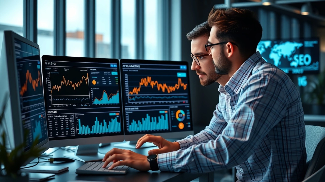 équipe marketing examinant des données SEO et de l'intelligence artificielle
