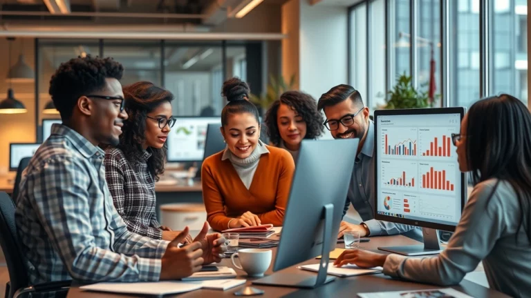 Une équipe diverse analysant des données de ventes en ligne dans un bureau moderne.