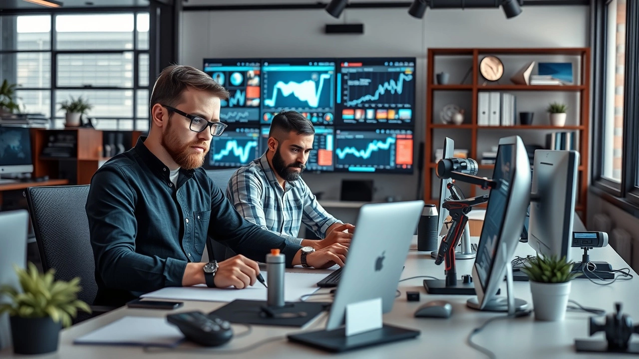 espace de travail moderne avec outils IA pour strategie de contenu