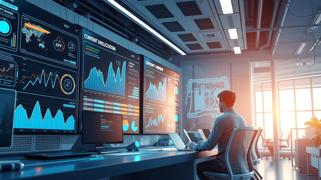 Scène d'un espace de travail numérique avec IA optimisant le contenu pour un impact SEO durable.