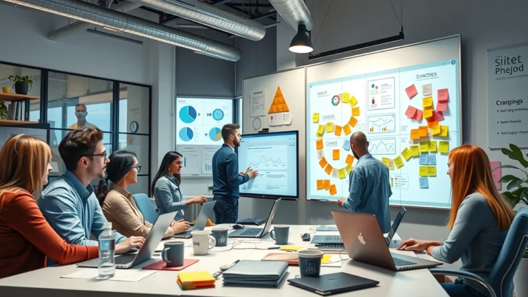 Illustration d'un espace de travail collaboratif avec des professionnels de la gestion de projet.