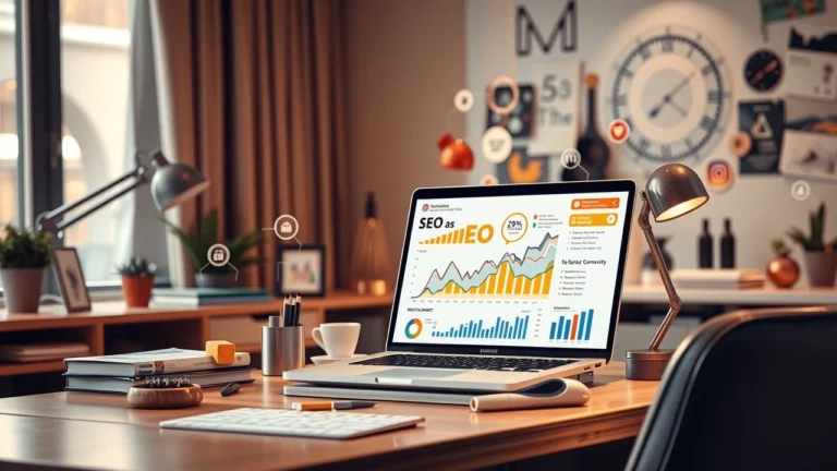 Illustration d'un espace de travail moderne mettant l'accent sur les plateformes de commerce communautaire et l'optimisation SEO.