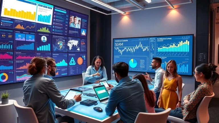 Une scène illustrant un espace de travail moderne où l'IA améliore la création de contenu SEO.