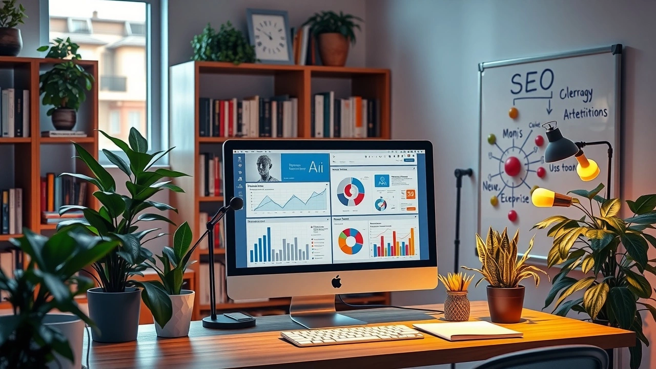 Un espace de travail moderne illustrant l'utilisation de l'intelligence artificielle pour optimiser le SEO traditionnel.