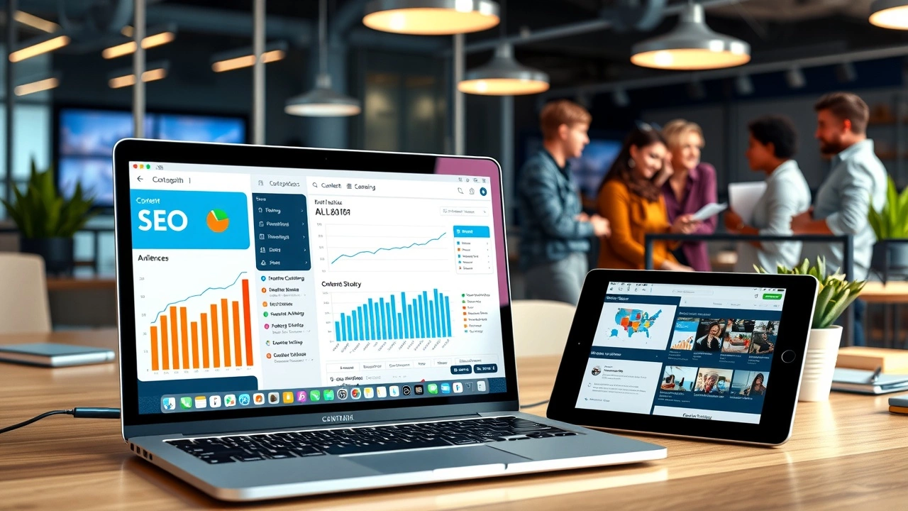 Une illustration d'un espace de travail numérique montrant des appareils connectés à des plateformes de syndication de contenu.