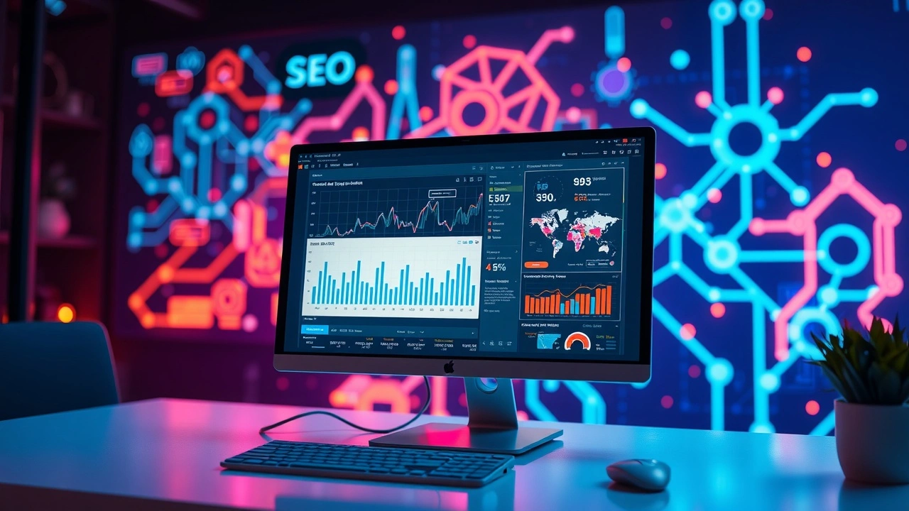 Un espace de travail numérique avec des graphiques d'analyse du SEO
