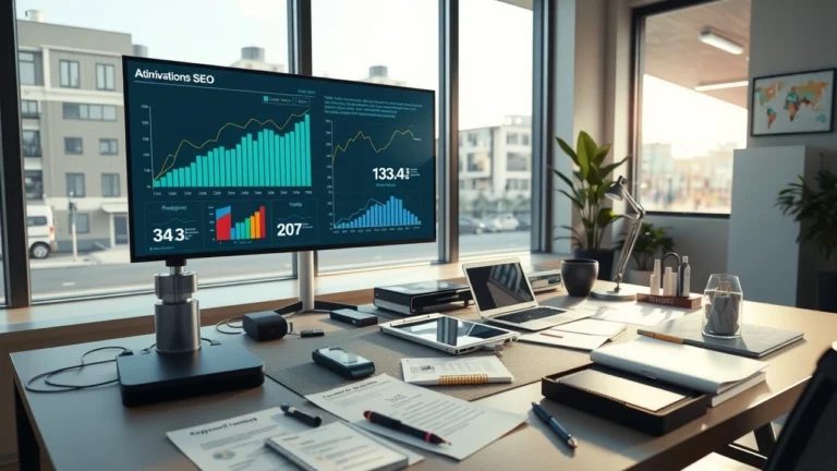 Illustration d'un espace de travail moderne intégrant des outils d'IA pour le SEO